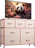WLIVE 7 Drawer Dresser TV Stand, Entertainment Center, Media Console Table with Metal Frame and Wood Top for TV up to 45 inch, Chest of Drawers for Bedroom, Living Room, Pink