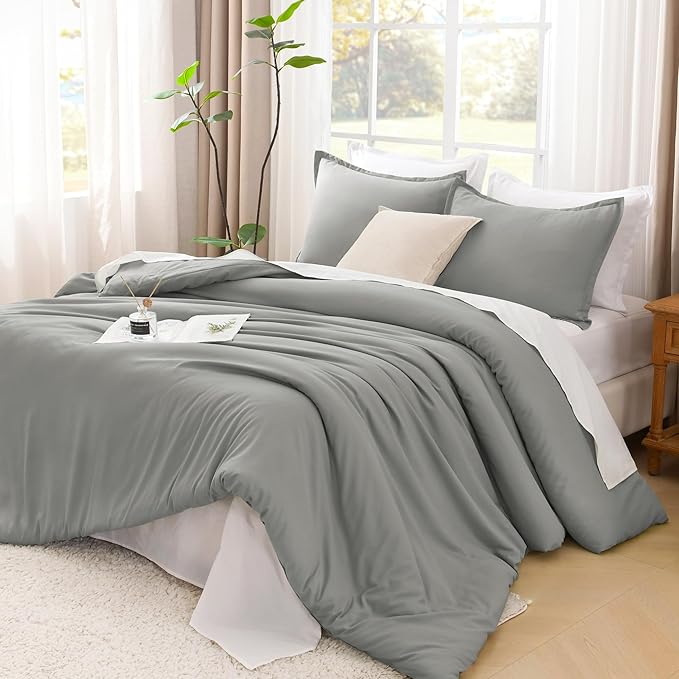 Litanika Comforters Medium Gray Oversized King Size, 3 Pieces Lightweight Solid Bedding Set & Collections, All Season Fluffy Bed Set (120x98In Comforter & 2 Pillowcases)