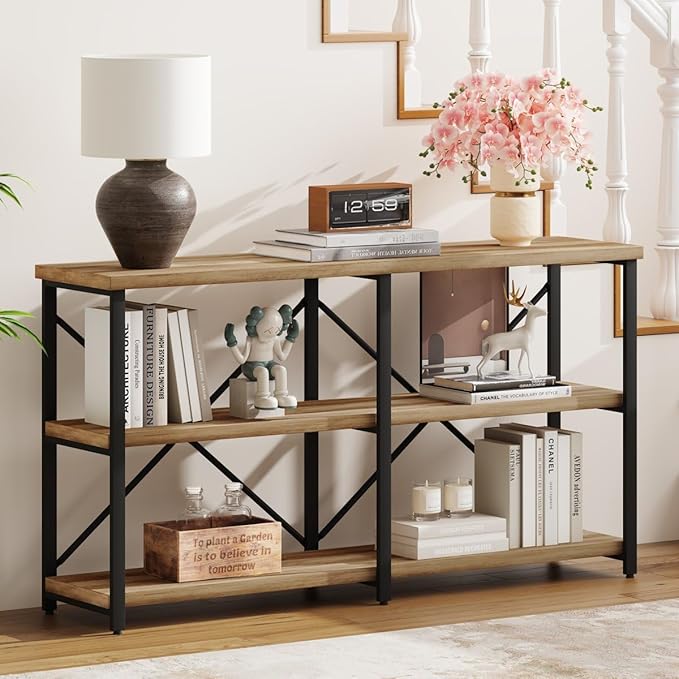 BON AUGURE Console Tables for Entryway, Industrial Sofa Table Behind Couch, 3 Tier Hallway Table for Foyer, Horizontal Bookshelf for Living Room (55 Inch, Vintage Oak)