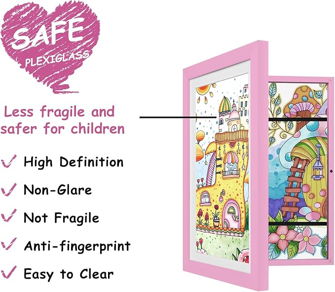 KINLINK 9x12 Kids Art Frames Set of 2, Solid Wood Kids Artwork Frames Changeable with Acrylic Front Opening Holds 150 Pictures, Art Frame for Kids Artwork with Mat or without Mat, Pink