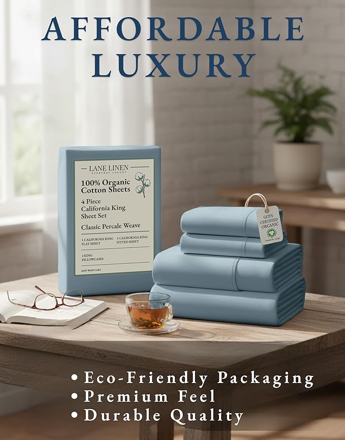 LANE LINEN Sheets for California King Size Bed- 4Pc 100% Organic Cotton Cal King Size Sheets Set, Soft Percale Sheets, Luxury Hotel Sheets, 15" Deep Pocket California King Sheet Set - French Blue