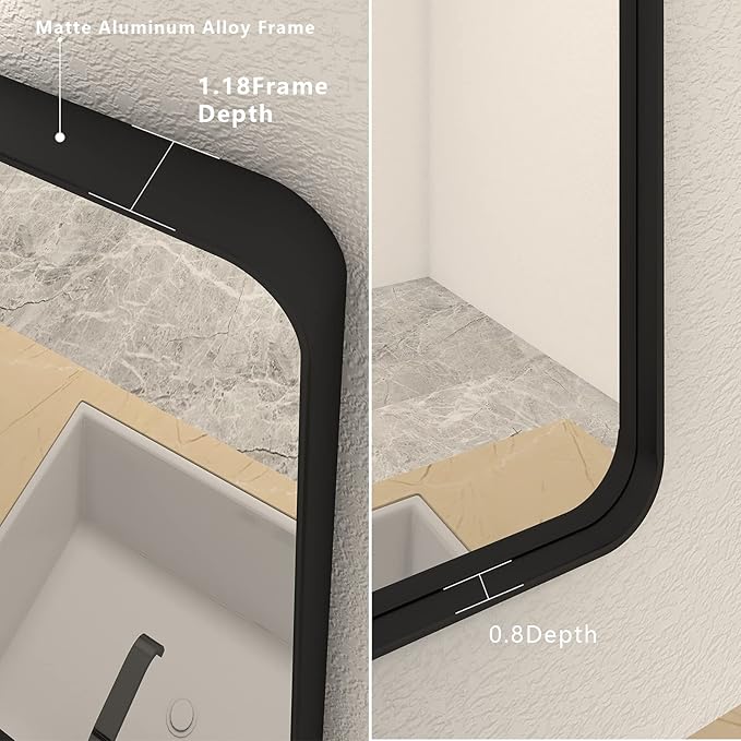 24x30 Inch Black Metal Framed Bathrrom Mirror for Wall, Matte Black Rectabgle Mirror, Rounded Corner, Anti-Rust (Horizontal/Vertical)