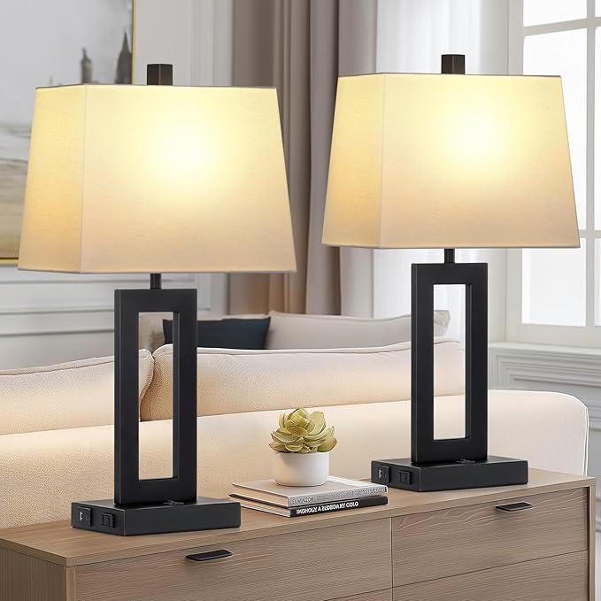Table Lamp Set of 2 with USB C+A Ports & AC Outlet, Bedside Lamps, Modern Bedroom Lamps, Black Lamps for Night Stands Bedroom Living Room,Nightstand Lamp