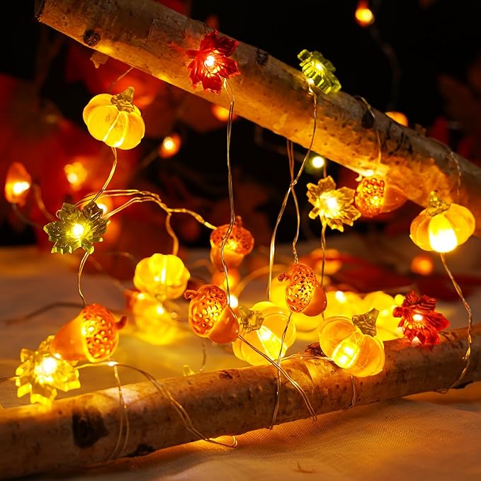 BOHON Thanksgiving Decoration Acorn 3D Pumpkin Maple Leaf String Lights Battery Operated with Remote 10ft 30 LEDs Orange Fall Lights for Home Autumn Garland Harvest Halloween Party Christmas Decor