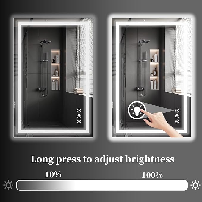 Koonmi 20x28 LED Bathroom Mirror, Backlit + Front Lit, LED Bathroom Mirror with Lights for Wall, 3 Colors, Anti-Fog, Dimmable Brightness, Memory Function, Tempered Glass