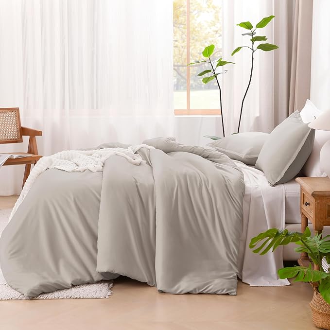 Litanika Linen Grey Comforter Set Queen Size, 3 Pieces Lightweight Solid Bedding Comforter Set, All Season Fluffy Bed Set (90x90In Comforter & 2 Pillowcases)