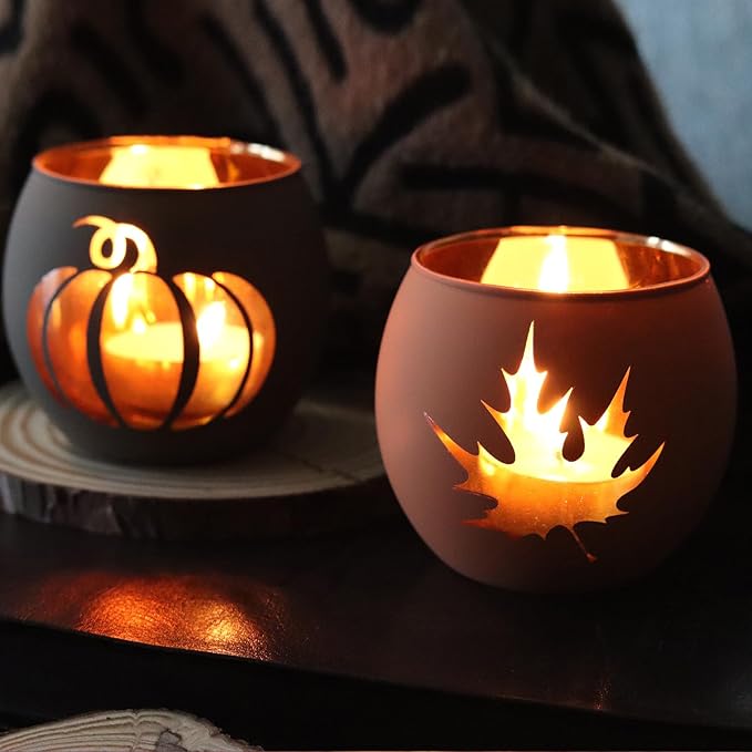 SHMILMH Thanksgiving Votive Candle Holder Set of 12, Glass Tealight Votives Holder with 6 Laser Engraving Patterns, Fall Table Centerpiece Indoor Outdoor Decor