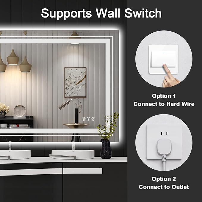 LED Bathroom Mirror, 60"X28" with Front and Backlit, Anti-Fog, Large Bathroom Vanity Mirror for Wall, Memory Function, Stepless Dimmable, Tempered Glass (Horizontal/Vertical)
