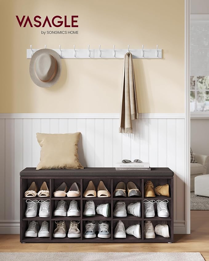 VASAGLE CUSTOS Collection - Shoe Bench, Storage Bench with Padded Seat, Entryway Bench with 15 Compartments, for Bedroom, 11.8 x 41.3 x 18.9 Inches, Espresso Brown and Chestnut Brown ULHS15BR
