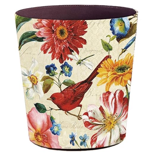 Leather Trash Can, Retro Decorative Waste Basket, 10L Capacity Small Waste Paper Basket, Waterproof Garbage Can for Bathroom, Bedroom, Office, Kitchen and Living Room - Red Bird