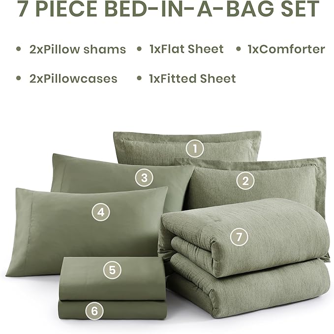 Monbix Full Size Comforter Set, Sage Green Bedding Comforter for Full Size Bed Set Reversible, Bedding Sets Full 7 Pieces, Cationic Dyeing Bed in a Bag with Comforter, Sheets, Pillowcases & Shams