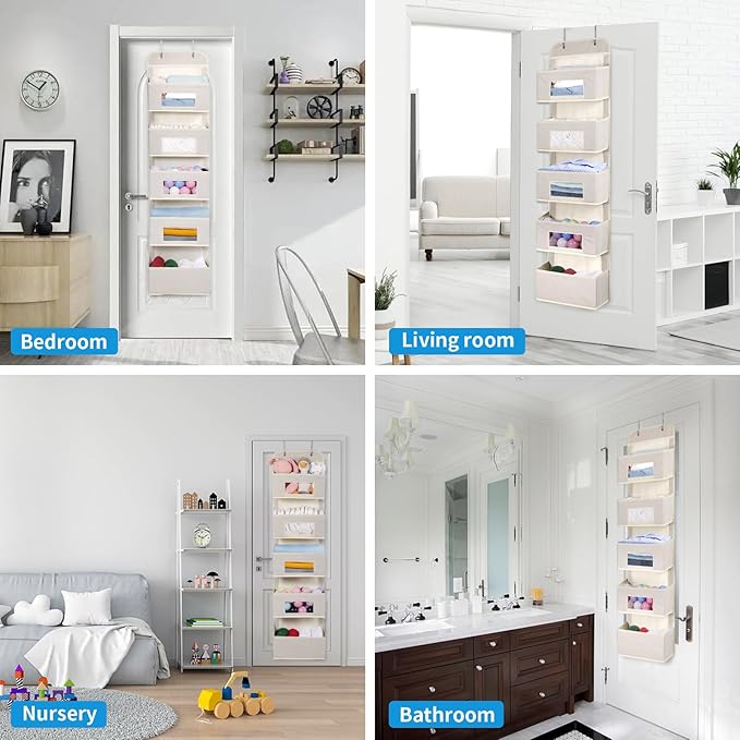 5-Shelf Over The Door Hanging Organizer with 2 Metal Hooks，5 Pocket Over The Door Wall Mount Storage with Clear Windows for Baby Nursery Bathroom Closet,Bedroom,Dorm(Beige-2 Pack)