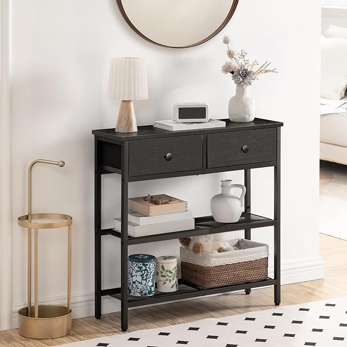 HOOBRO 29.5" Narrow Console Table with 2 Fabric Drawers, Sofa Table, Small Entryway Table with 3-Tier Storage Shelves, Behind Couch Table, for Living Room, Hallway, Black BB72XG01