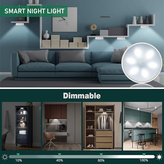LED Closet Lights Motion Sensor Puck Light, Rechargeable Step Puck Lights,Dimmable Under Cabinet Indoor Lighting Magnet Stick-on Light for Counter Kitchen Wardrobe(6 Pack)