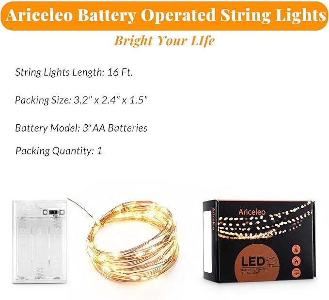 Led Fairy Lights Battery Operated, 1 Pack Mini Battery Powered Copper Wire Starry Fairy Lights for Bedroom, Christmas, Parties, Wedding, Centerpiece, Decoration (5m/16ft Warm White)