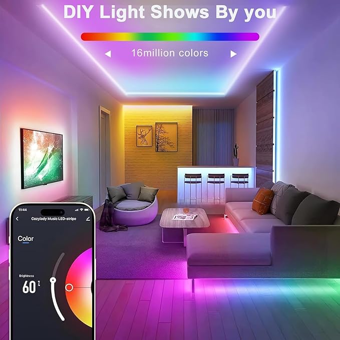 Lamomo Led Strip Lights, 16.4Ft RGB Neon Led Lights for Bedroom, 12v App Control Music Sync Color Changing Rope Light, Waterproof Flex Neon Sign for Indoor Decor（Without Power Adapter）