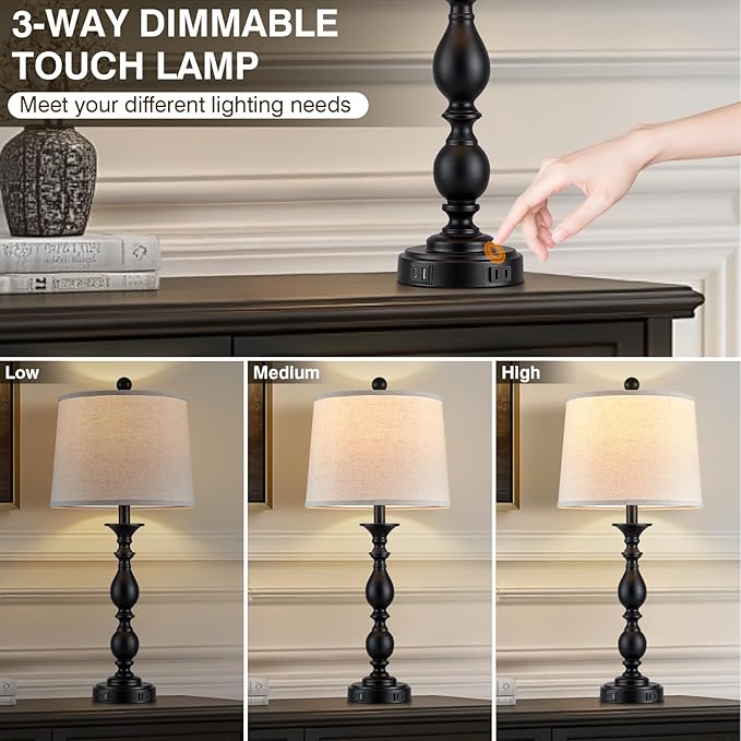 28" Tall Modern Table Lamps Set of 2 with USB C+A Ports and AC Outlet, 3 Way Touch Metal Bedside Lamps for Living Room, Black Farmhouse Nightstand Lamps for Bedroom