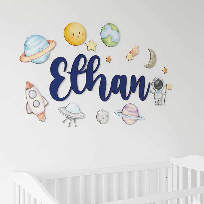 Custom Nursery Name Sign with Themed Decor Kit | Personalized Wooden Wall Art for Baby, Kids Room | Space, Jungle, Circus, Under the Sea, Woodland, Rainbow (20", Space)