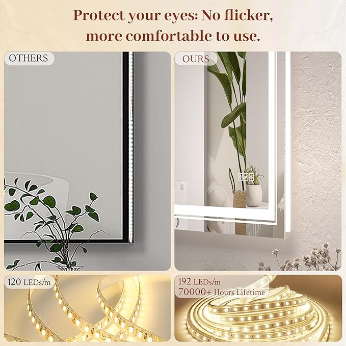 36x30 LED Mirror for Bathroom with Front and Backlit Light Up Digital Mirrors for Wall,Anti Fog,Stepless Dimmable,Tempered Silver Glass Smart Vanity Mirror for Bathroom