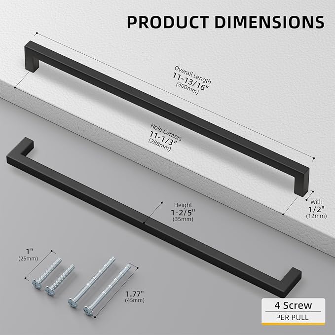 goldenwarm 100 Pack 11-1/3 Inch Black Cabinet Handles Matte Black Drawer Pulls Stainless Steel Cabinets Hardware Square Bar Modern for Kitchen Bathroom Cupboard