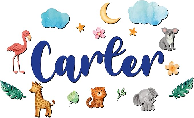 Custom Nursery Name Sign with Themed Decor Kit | Personalized Wooden Wall Art for Baby, Kids Room | Space, Jungle, Circus, Under The Sea, Woodland, Rainbow (20", Jungle/Safari)