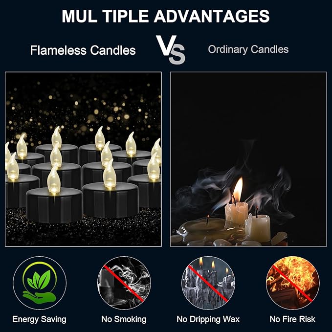 Battery Operated LED Tea Lights: 24PACK Flameless Votive Candles Lamp Realistic and Bright Flickering Holiday Gift Long Lasting 200Hours for Seasonal & Festival Celebration Black