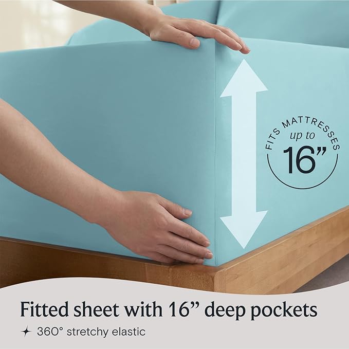 LuxClub 4 PC Queen Sheet Set, Deep Pockets Wrinkle Free Cooling Bed Sheets Hotel Bedding for Women, Men, Kids & Teens, Includes 1 Fitted Sheet, 1 Flat Sheet and 2 Pillowcases - Silky Soft Aqua