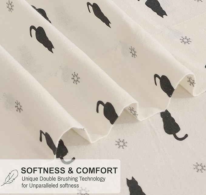 RUVANTI Flannel Sheets Twin Size - 100% Cotton Double Brushed Twin Sheets Set, Deep Pockets 16 Inches, All Seasons Breathable & Extra Soft Bed Sheets, Warm & Cozy, 3 Piece, Black Cat