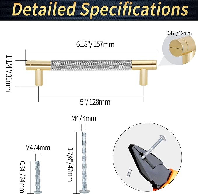 Knurled Cabinet Pulls 6 Pack, 6 Inch Long Cabinet Handles Metal Door Pulls, Kitchen Drawer Pull Knurled Dresser Handles - 5" Hole to Hole, Grey & Gold