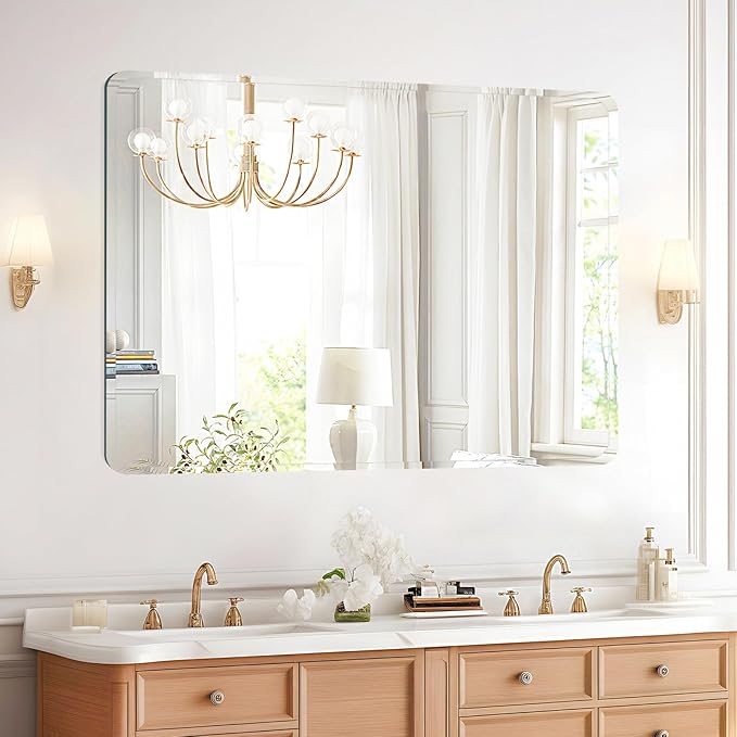 Frameless Bathroom Mirror for Over Sink,Wall Mounted Vanity Mirrors 12x16in,Rounded Rectangle Mirror Frameless with Polished Edge for Bedroom,Living Room,Entryway,Shatterproof (Horizontal/Vertical)