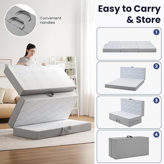 Foldable Mattress Twin 4 inch -Portable White Memory Foam Folding Matress with Washable Cover for Camping Travel Guest Room Home Use-Non-Slip&Easy Storage