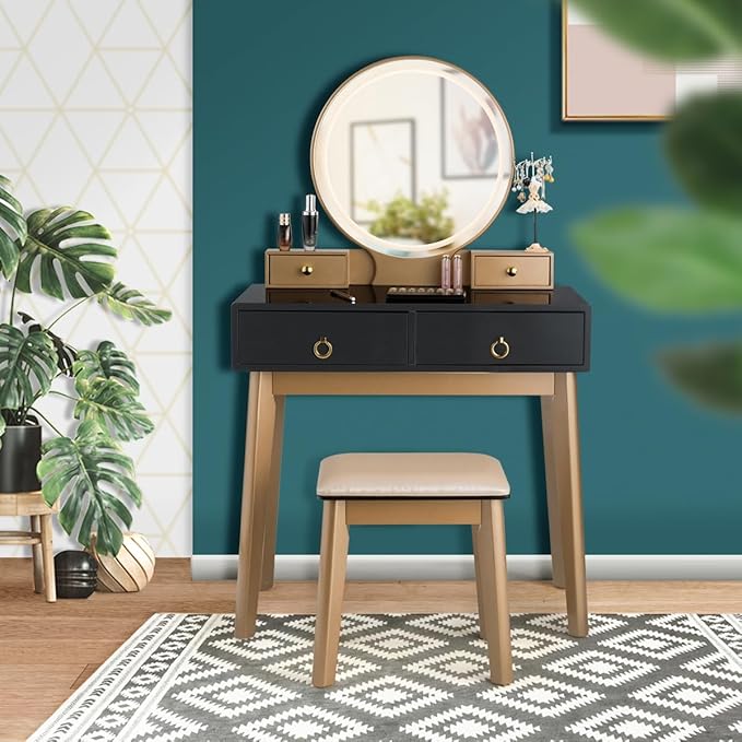CHARMAID Vanity Desk with Lighted Mirror, Black Makeup Vanity Table with 4 Storage Drawers, 3 Lighting Modes, Solid Wood Legs, Modern Dressing Table with Vanity Stool for Small Bedroom