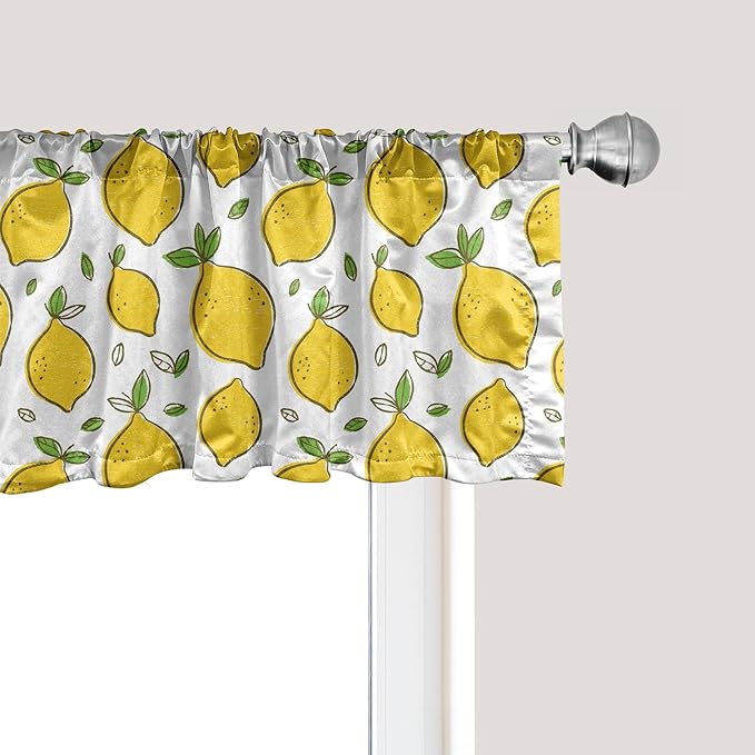 Ambesonne Lemons Window Valance, Continuous Citrus Fruits Leaves Refreshing Cartoon Pattern, Curtain Valance for Kitchen Bedroom Decor with Rod Pocket, 42" x 12", Lime Green Earth Yellow