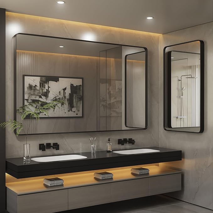 ISKM Black Metal Framed Bathroom Mirror for Wall 40" x 32" Black Bathroom Vanity Mirror, Rounded Rectangle Mirror, Anti-Rust (Horizontal/Vertical)
