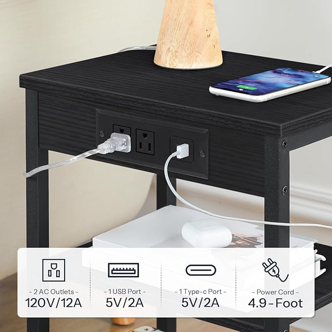 HOOBRO End Table Set of 2 with Charging Station and USB Port, 3-Tier Nightstands with Adjustable Shelf, Small Side Tables for Small Space in Living Room, Bedroom and Balcony, Black BB112BZP201