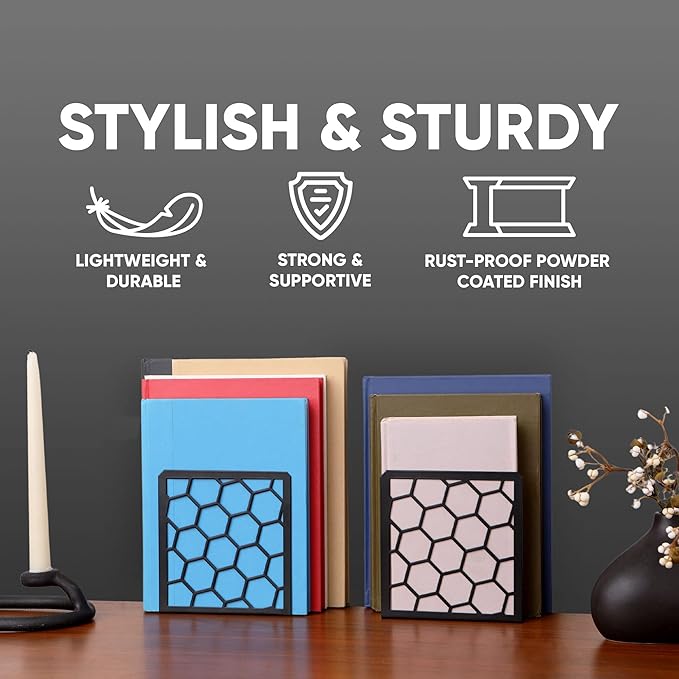 GEOMOD Geometric Honeycomb Black Metal Bookends Decorative - Tall Sturdy Book Ends for Shelves - Modern Heavy Duty Bookend Stopper - Office or Home Book Shelf Book Holder - 6x3.25x6.25 Inches - 1 Pair