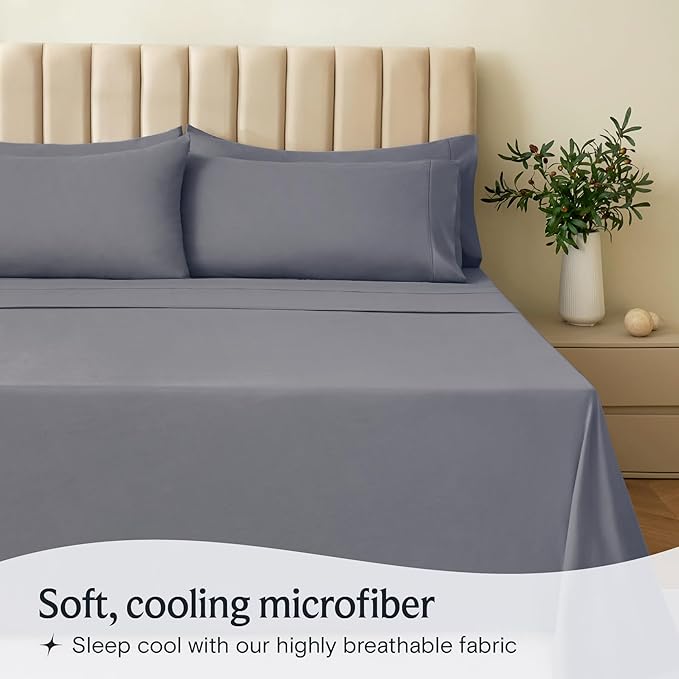 LuxClub 4 PC King Size Sheet Set Deep Pockets Wrinkle Free Cooling Bed Sheets Machine Washable Hotel Bedding Silky Soft - Light Grey King