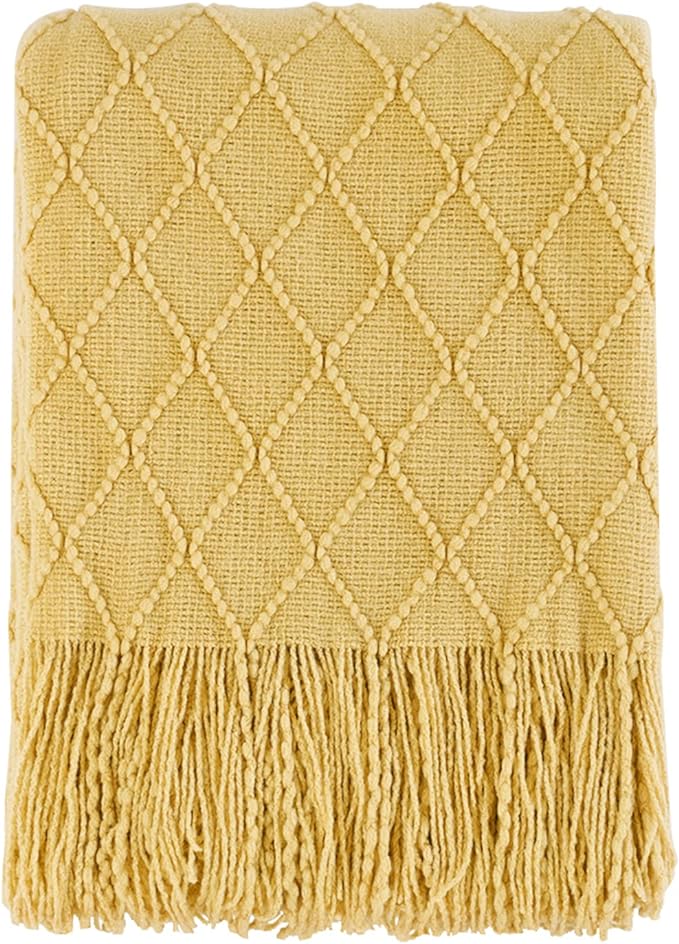 BOURINA Mustard Throw Blanket 50x60 Inches Throw Textured Solid Soft Sofa Couch Decorative Knit Blanket