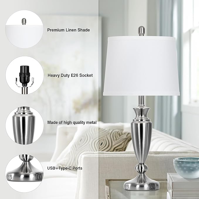 Metal Table Lamps Set of 2, 3 Way Touch Control Silver Bedside Lamps with USB A+C Ports, Modern Brushed Nickel Nightstand Lamps for Bedroom Living Room