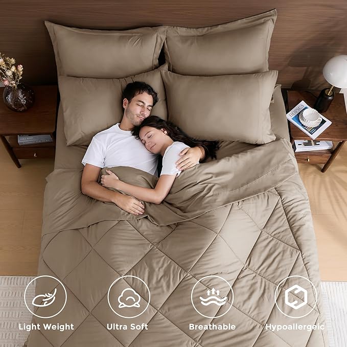 HEVUMYI Khaki Cali-King Comforter Set - 7-Piece All Season Bed in a Bag Cali-King, Ultra Soft Bedding Set with Comforter, Flat Sheet, Fitted Sheet, Pillowcases, Pillow Shams