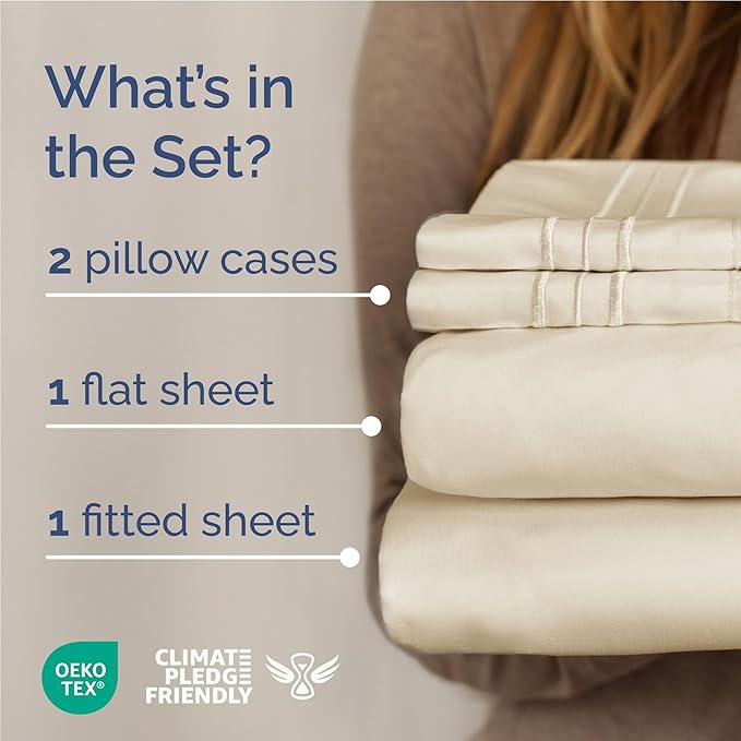 Full Size 4 Piece Sheet Set - Comfy Breathable & Cooling Bed Sheets Set - Hotel Luxury Bedding for Women, Men, Kids, Teens, Boys & Girls - Deep Pockets, Ultra-Soft, Wrinkle Free - Oeko-Tex - Off White