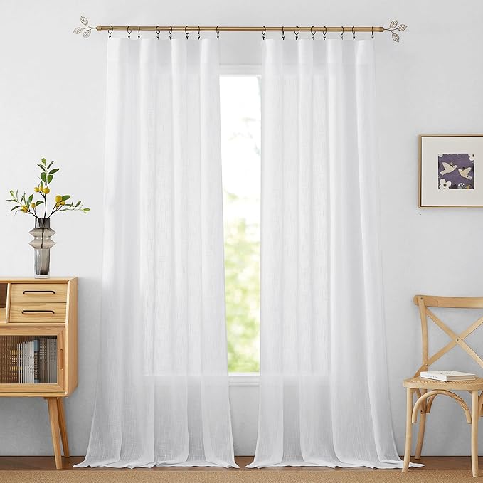 RYB HOME White Curtains 84 inches Long Linen Textured Semi Sheer Curtains Privacy Light Glare Filtering Window Drapes for Living Room Dining Bedroom, White, W 34 x L 84 inches, 2 Panels