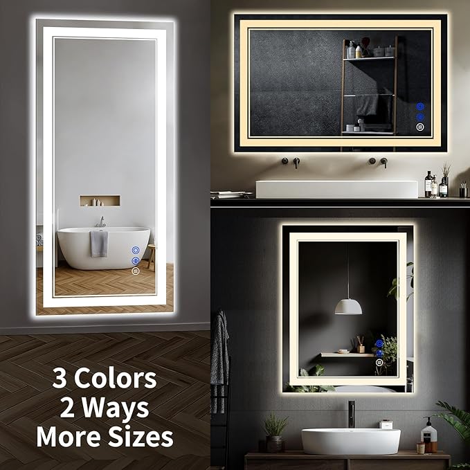 60"x36" LED Bathroom Mirror with Anti-Fog, Stepless Dimmable Lights, 3 Color Modes, Shatter-Proof Tempered Glass, Memory Function & Waterproof Design