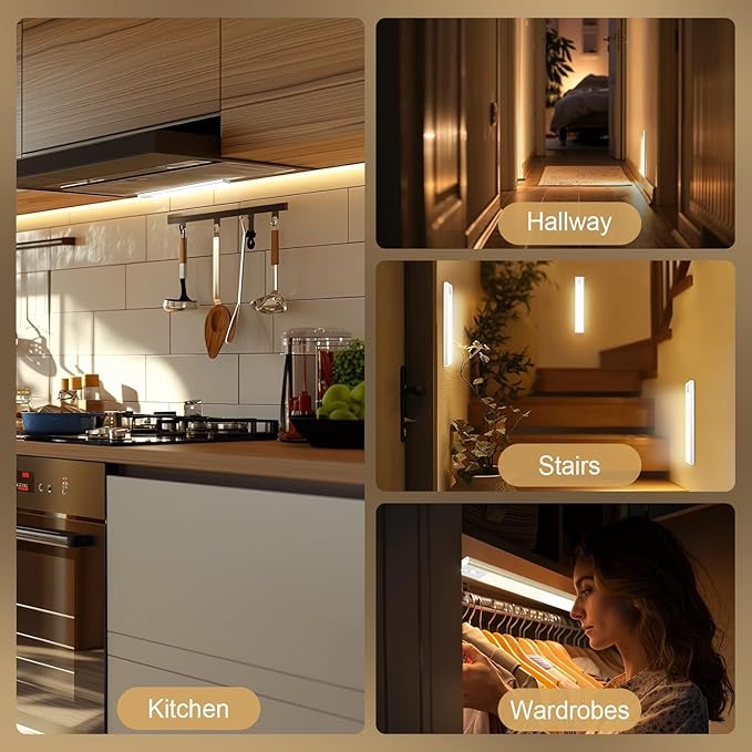 2 Pack Under Cabinet Lighting, 3 Color Temperatures Motion Sensor Light Indoor, LED Rechargeable Cabinet Lights, Stick-On Magnetic Closet Light, Wireless Under Counter Lights for Kitchen, Stair