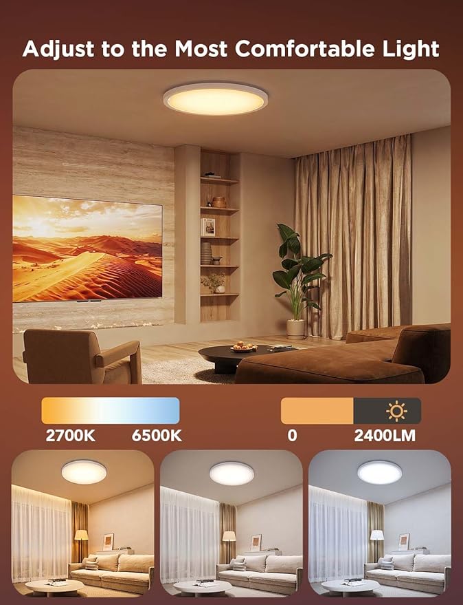 Govee Smart Ceiling Light, RGBIC LED Ceiling Light Fixture, 2400LM Flush Mount Light Fixture, DIY Colors, Works with Alexa, 2200K-6500K Ceiling Lights for Bedroom, Living Room, 12 Inch, 1 Pack
