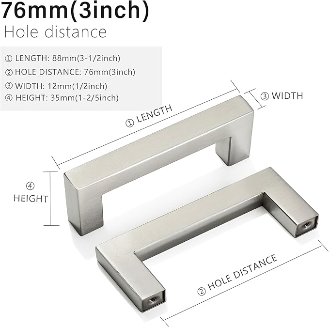 Cabinet Pulls Brushed Nickel Cabinet Handles Square Drawer Pulls, 5 Pack 3 Inch Stainless Steel Kitchen Door Cupboard Cabinet Handles, Cabinet Hardware Drawer Handles, 76mm Hole Centers