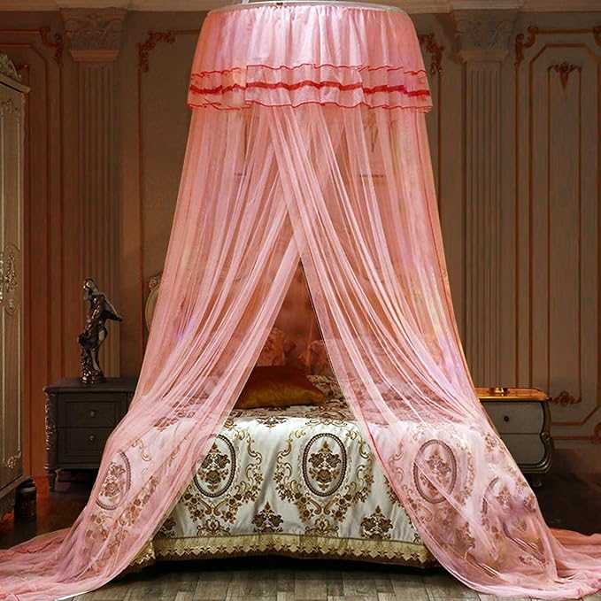 Jolitac Bed Canopy Lace Mosquito Net for Girls Beds, Unique Princess Play Tent Mesh Canopies Large Lace Dome Curtain Drapes Home & Travel (Pink)