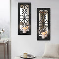 Wood Wall Sconce Candle Holder Set 2, Rustic Candle Sconces, Farmhouse Hanging Wall Décor, Carved Wood Frame, Mirrored Wall Accent