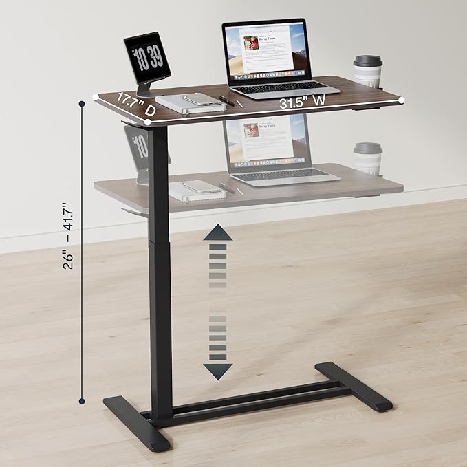 FLEXISPOT Medical Adjustable Overbed Bedside Table with Wheels Pneumatic Mobile Standing Desk Laptop Desk Rolling Computer Cart Movable Table Hospital Home Use(31.5" W x 17.7" D, Mahogany Large)