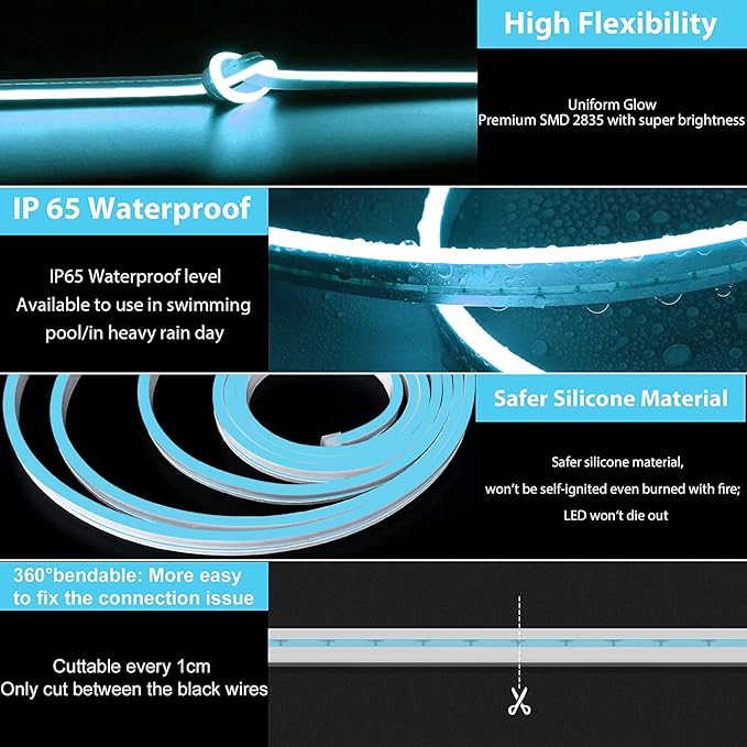 Lamomo LED Neon Lights, 16.4ft Ice Blue LED Strip Light, 12V 0.39In/Cut Silicone Waterproof Neon Rope Light for Bedroom Indoor Outdoor Decoration（Power Adapter not Included）